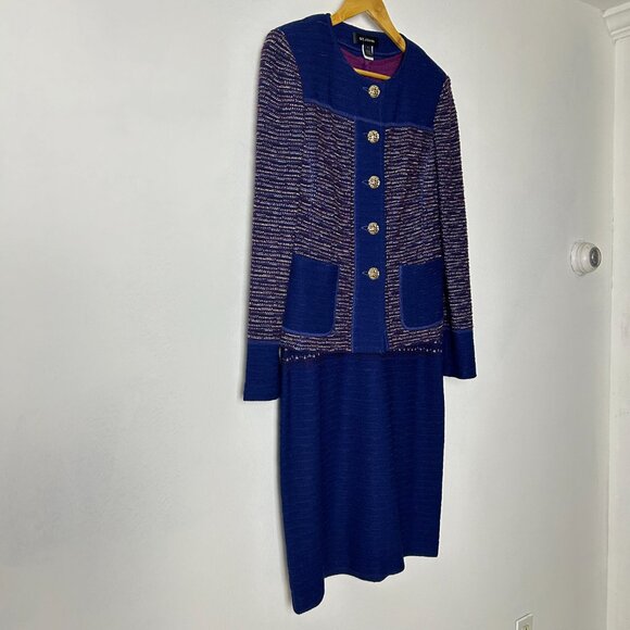 St. John Blue Purple Texture Tweed‎ Career Jacket Blazer Dress Set Women'… - Picture 3 of 15